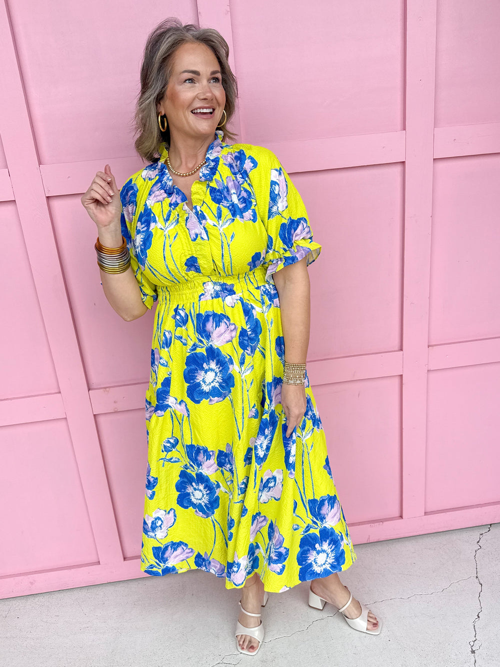 Jincy's Women's Boutique Spring Styles Yellow & Blue Floral Maxi Midi Dress
