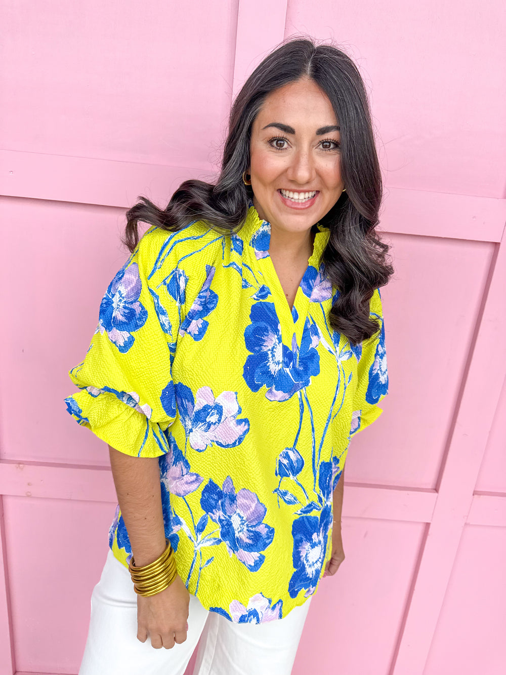 Jincy's Women's Boutique Spring Styles Yellow & Blue Floral Print Top