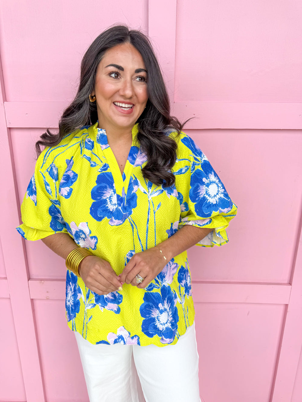 Jincy's Women's Boutique Spring Styles Yellow & Blue Floral Print Top