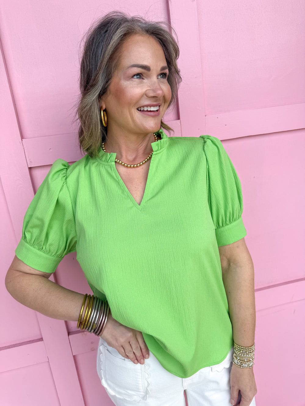 Jincy's Women's Boutique Spring Styles Green V Neckline Top