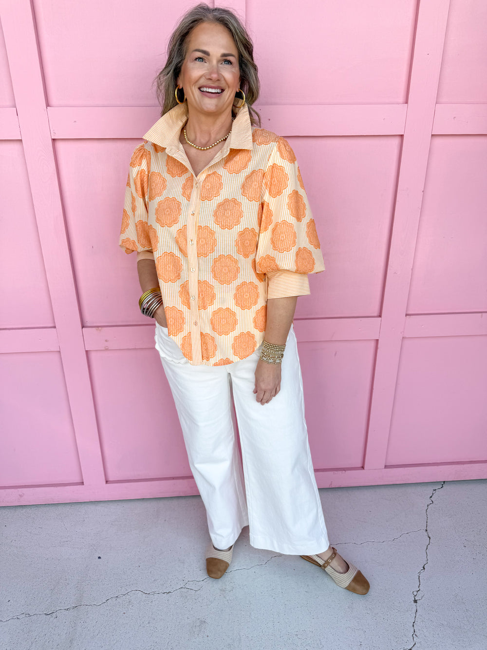 Jincy's Women's Boutique Spring Styles Orange Pinstripe Floral Print Top