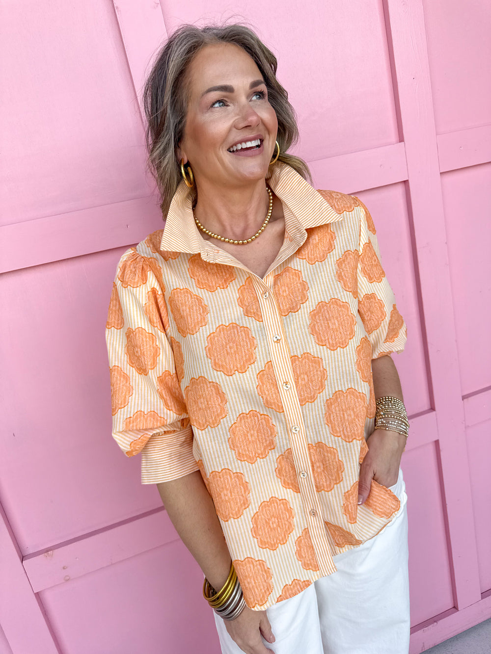 Jincy's Women's Boutique Spring Styles Orange Pinstripe Floral Print Top