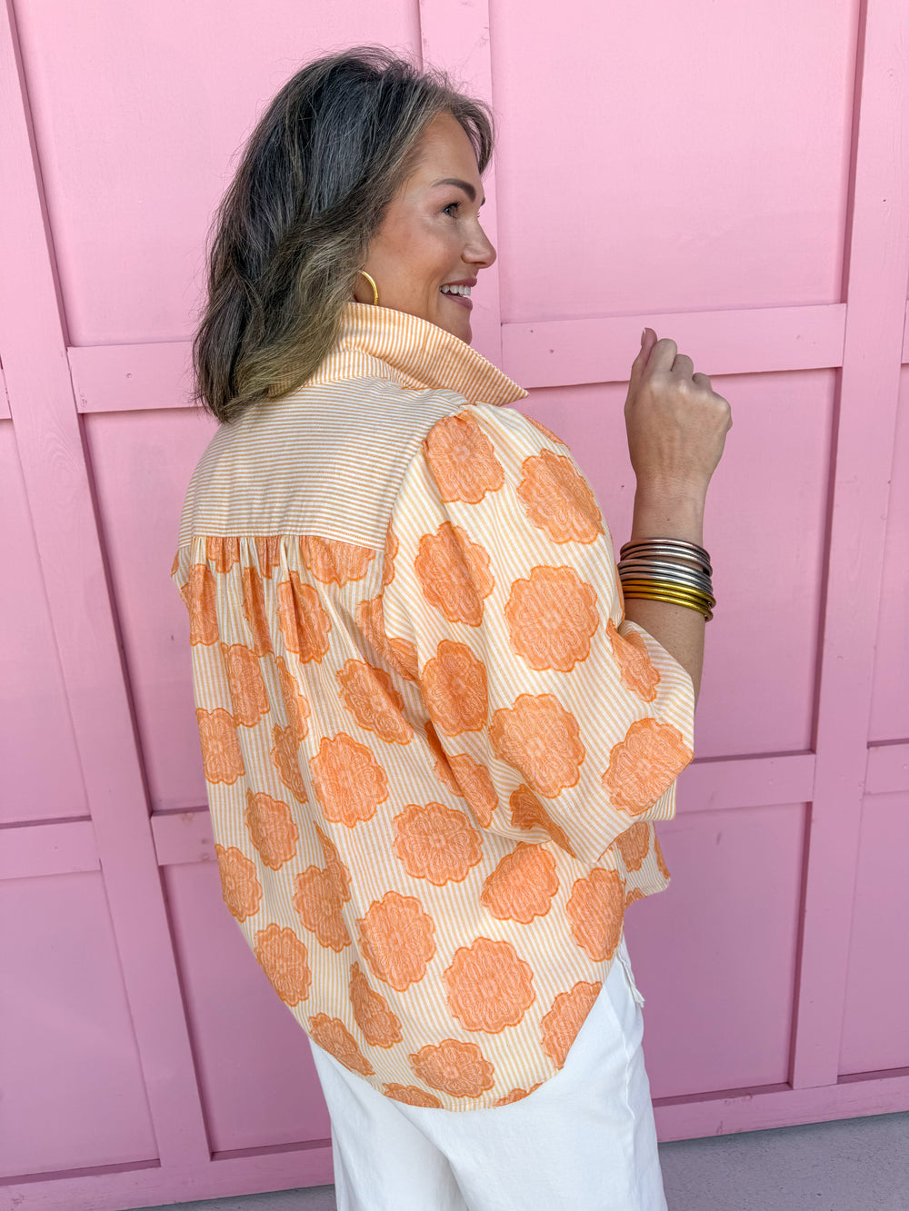 Jincy's Women's Boutique Spring Styles Orange Pinstripe Floral Print Top