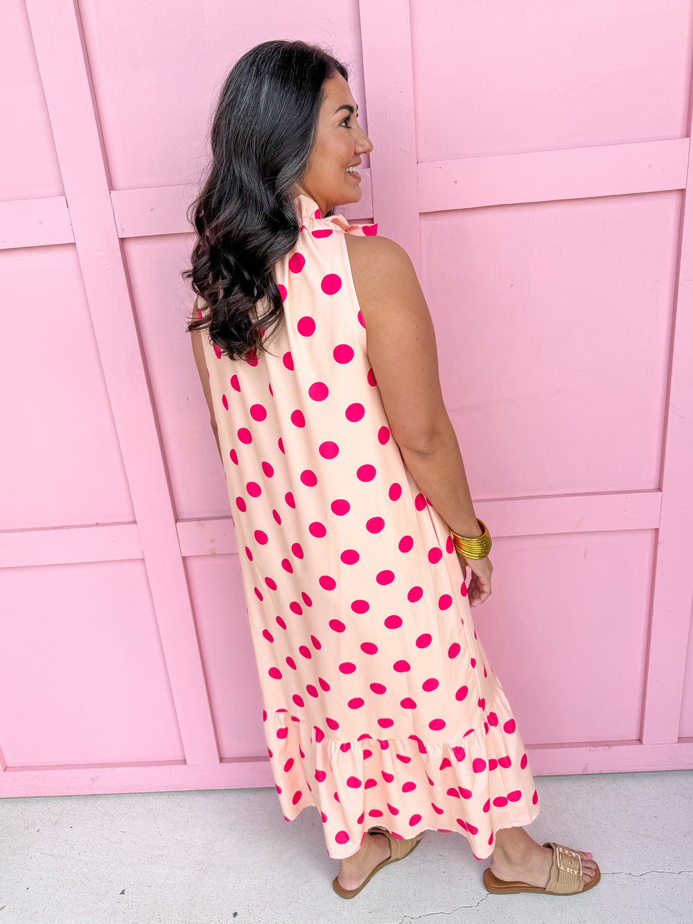 Jincy's Women's Boutique Spring Styles Peach Pink Polka Dot Maxi Midi Dress