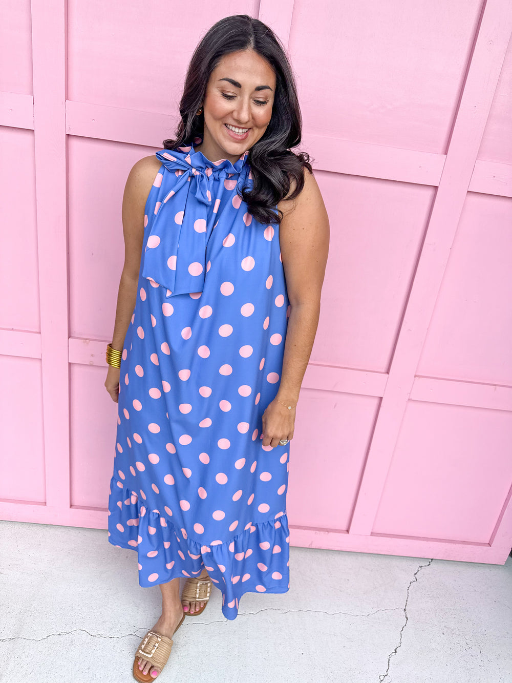 Jincy's Women's Boutique Spring Styles Blue Pink Polka Dot Maxi Midi Dress