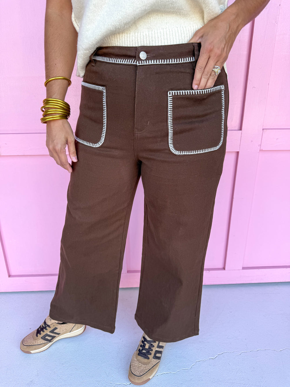 Jincy's Women's Boutique brown wide leg jeans with crochet detail