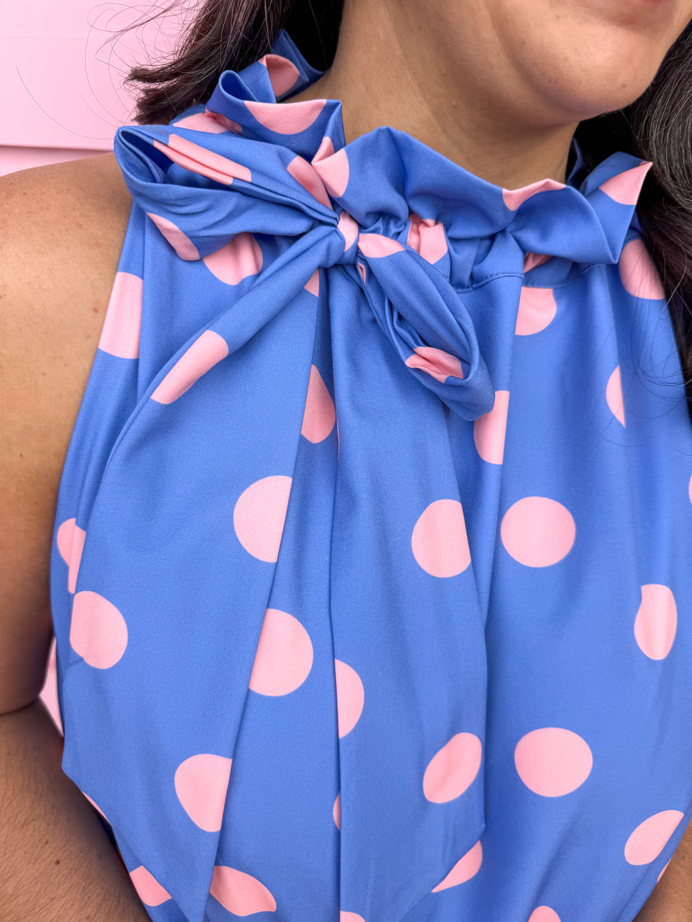 Jincy's Women's Boutique Spring Styles Blue Pink Polka Dot Maxi Midi Dress