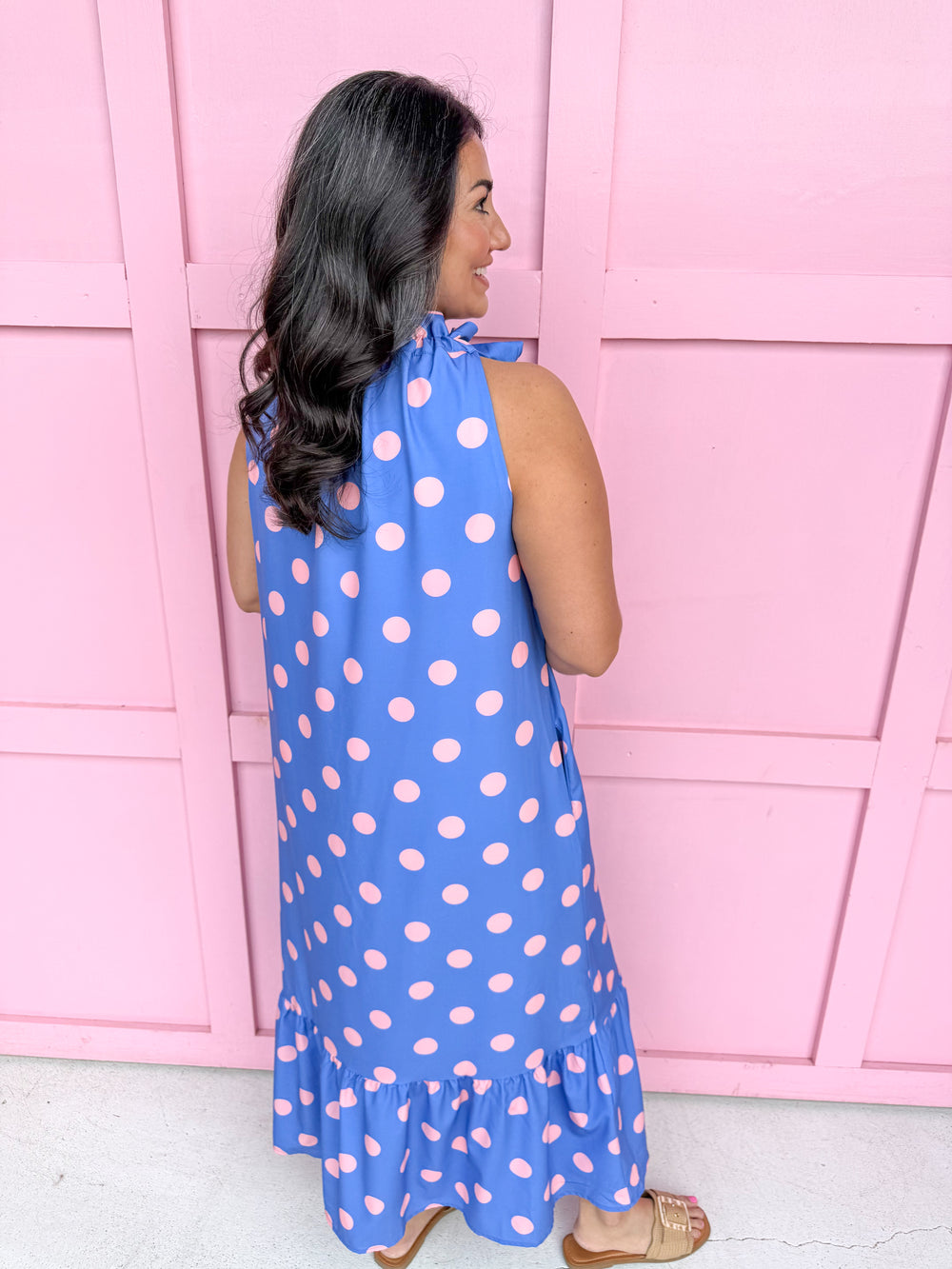 Jincy's Women's Boutique Spring Styles Blue Pink Polka Dot Maxi Midi Dress
