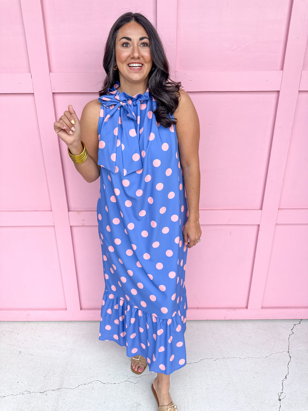 Jincy's Women's Boutique Spring Styles Blue Pink Polka Dot Maxi Midi Dress