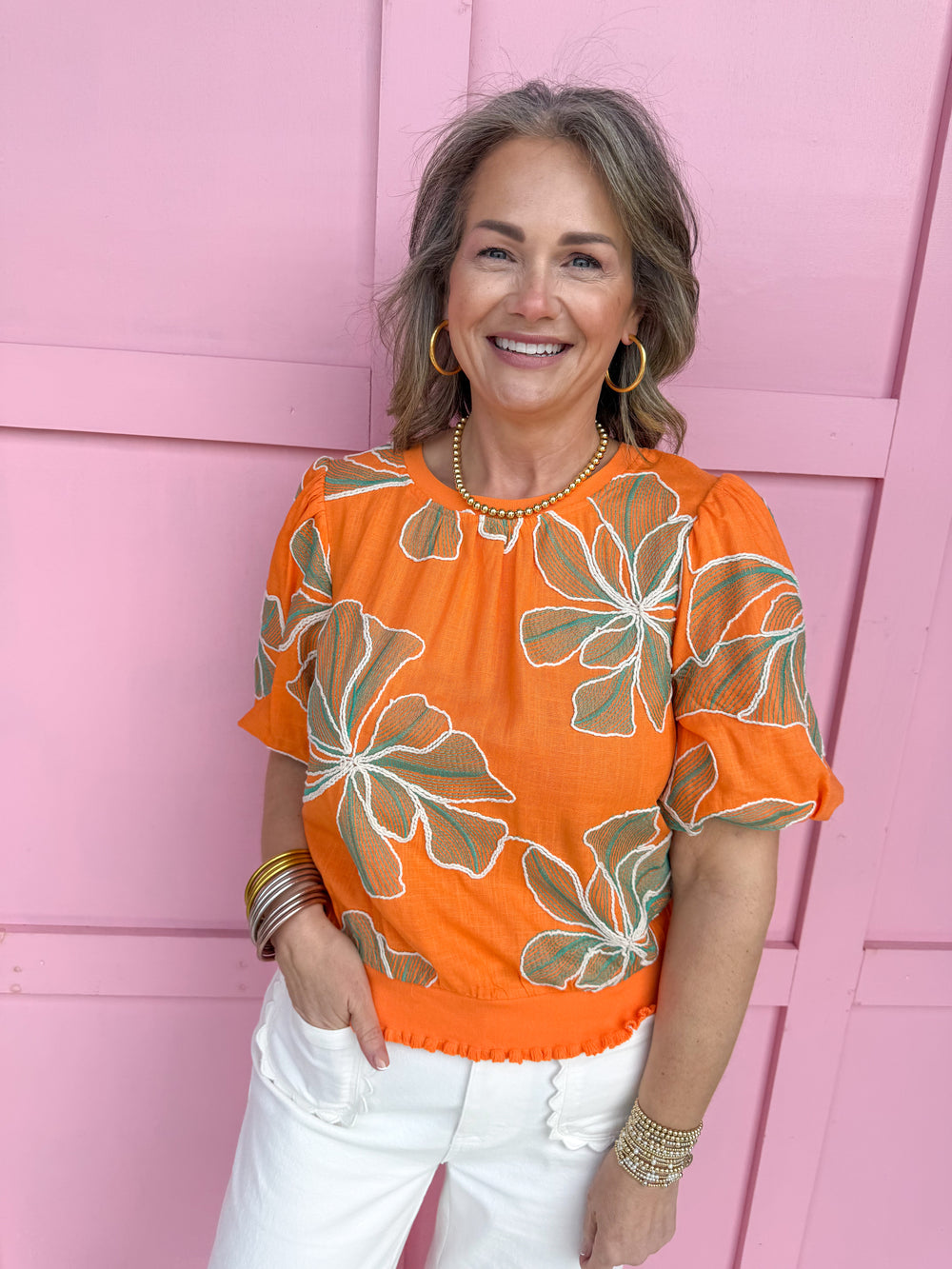 Jincy's Women's Boutique Spring Styles orange embroidered floral top