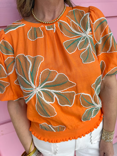 Jincy's Women's Boutique Spring Styles orange embroidered floral top
