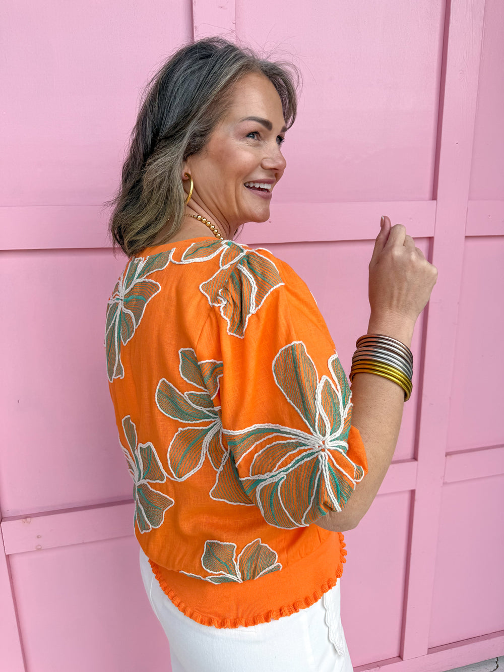 Jincy's Women's Boutique Spring Styles orange embroidered floral top