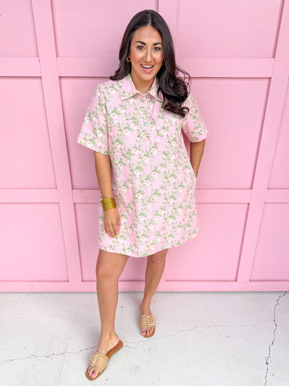 Jincy's Women's Boutique Spring Styles Pink Floral Denim Mini Dress