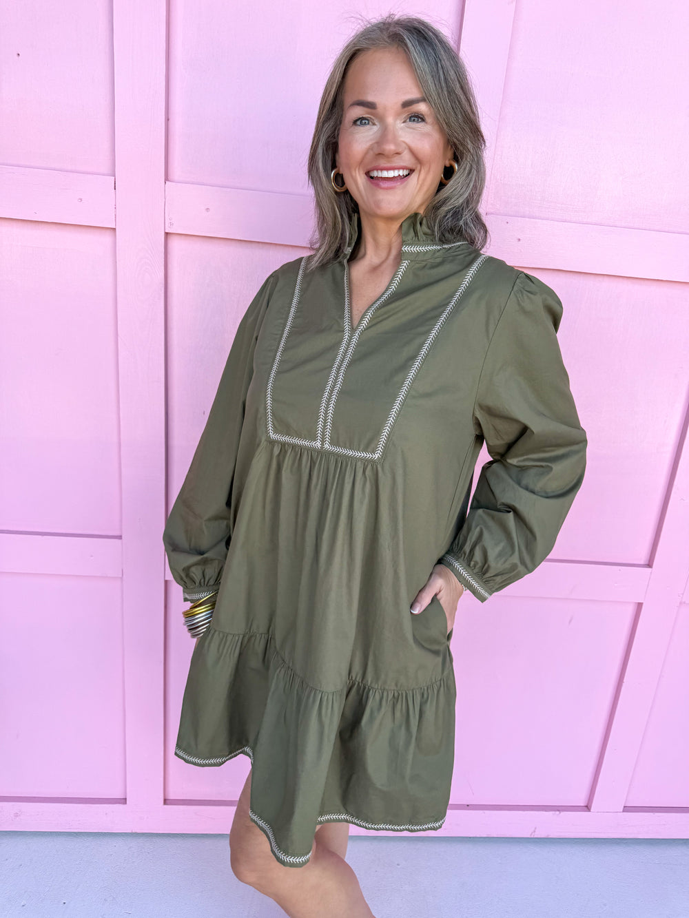 womens boutique dress olive long sleeve pockets mini length jincy's