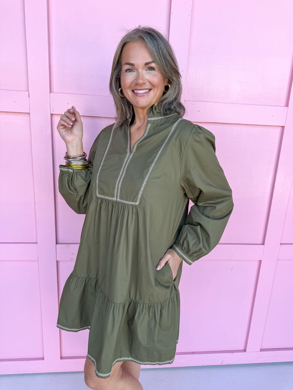 womens boutique dress olive long sleeve pockets mini length jincy's