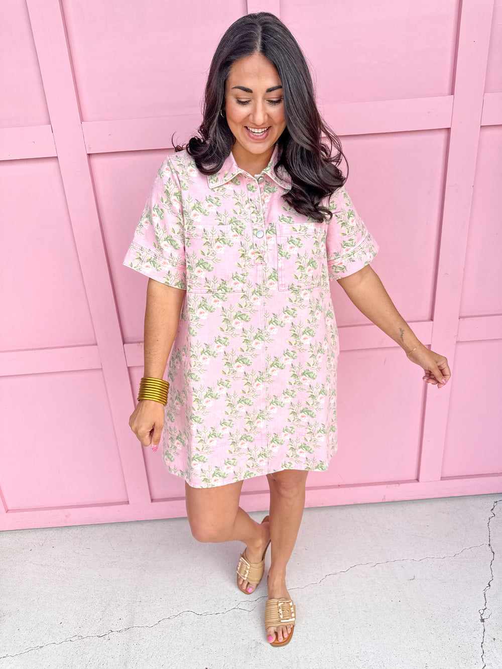 Jincy's Women's Boutique Spring Styles Pink Floral Denim Mini Dress