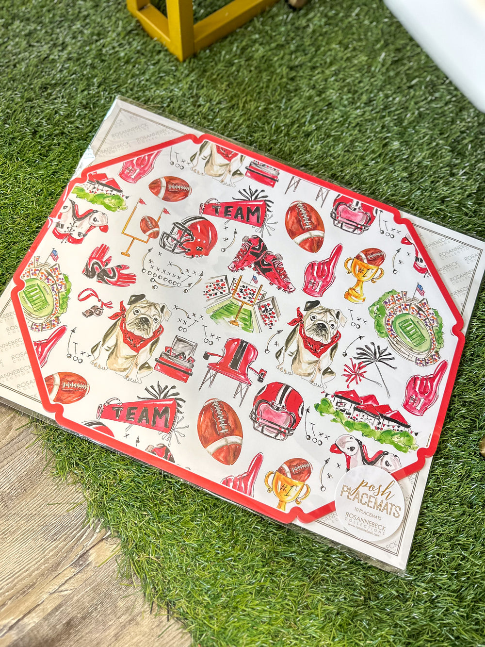 Rosanne Beck | Posh Die-Cut Placemat - Handpainted Red & Black Bulldog Football Icons