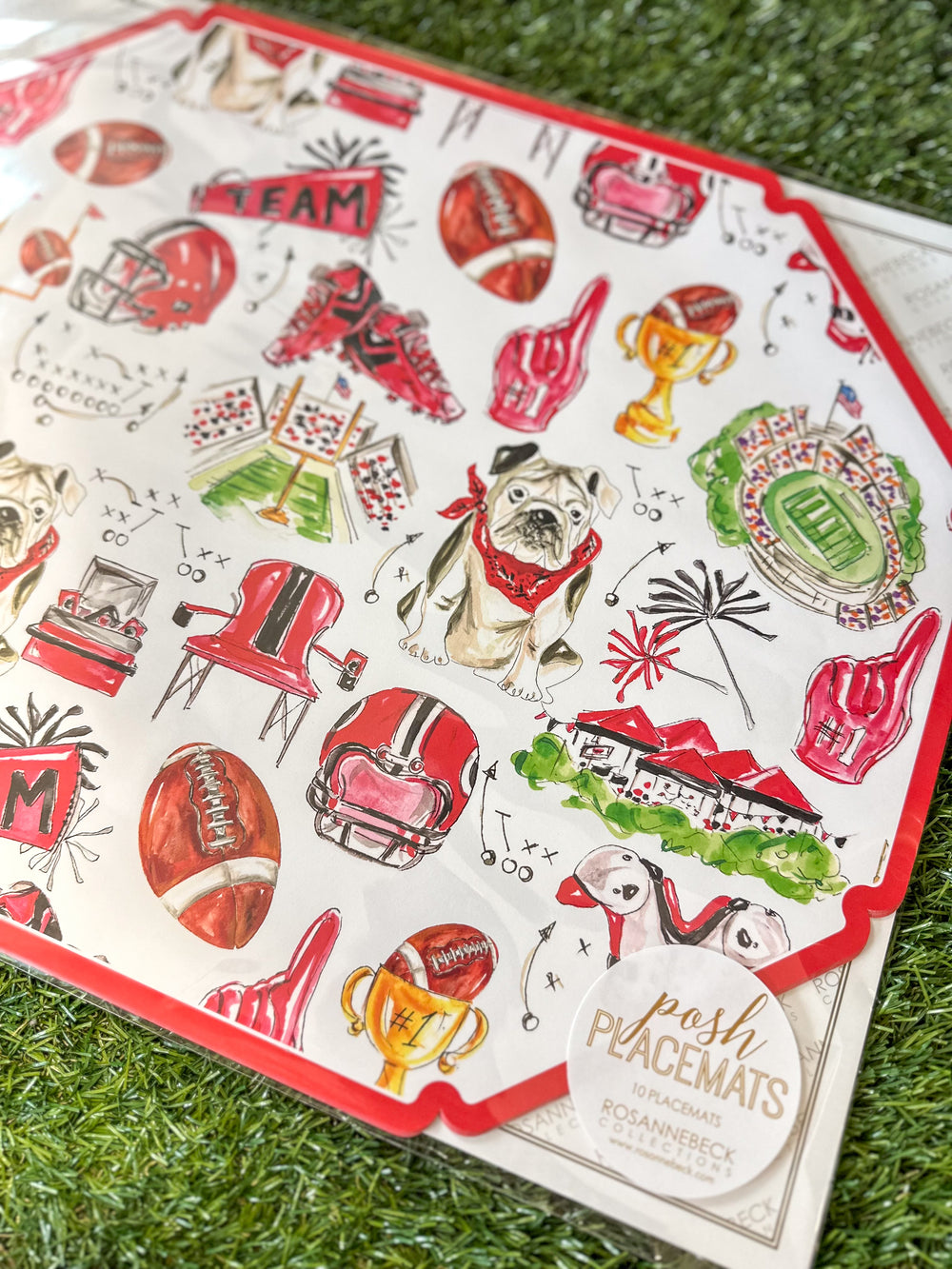 Rosanne Beck | Posh Die-Cut Placemat - Handpainted Red & Black Bulldog Football Icons