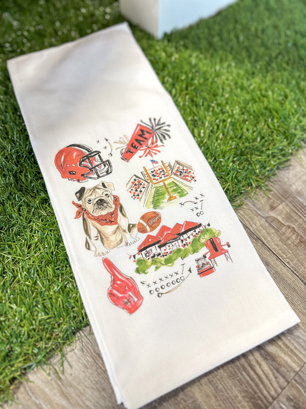 Rosanne Beck | Kitchen Towel - Handpainted Red & Black Bulldog Football Icons