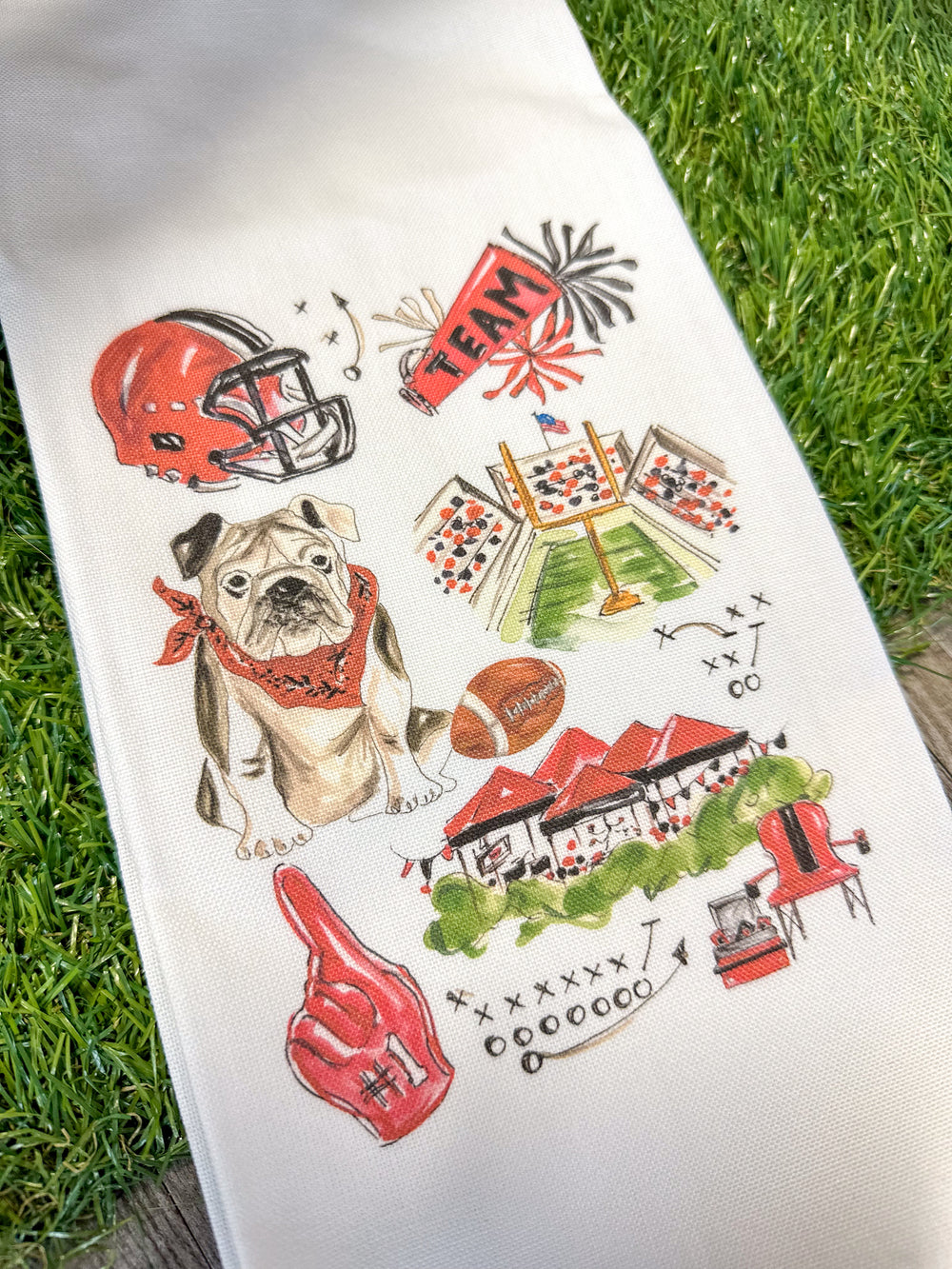 Rosanne Beck | Kitchen Towel - Handpainted Red & Black Bulldog Football Icons