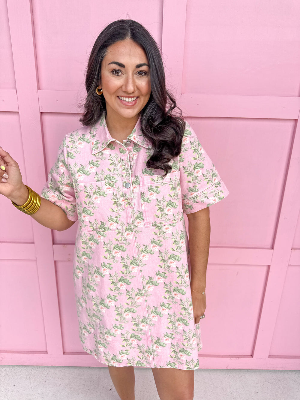 Jincy's Women's Boutique Spring Styles Pink Floral Denim Mini Dress