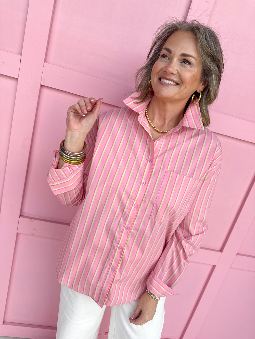 Jincy's Women's Boutique Spring Styles Pink Stripe Collared Button Up