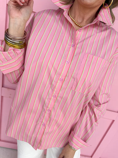 Jincy's Women's Boutique Spring Styles Pink Stripe Collared Button Up
