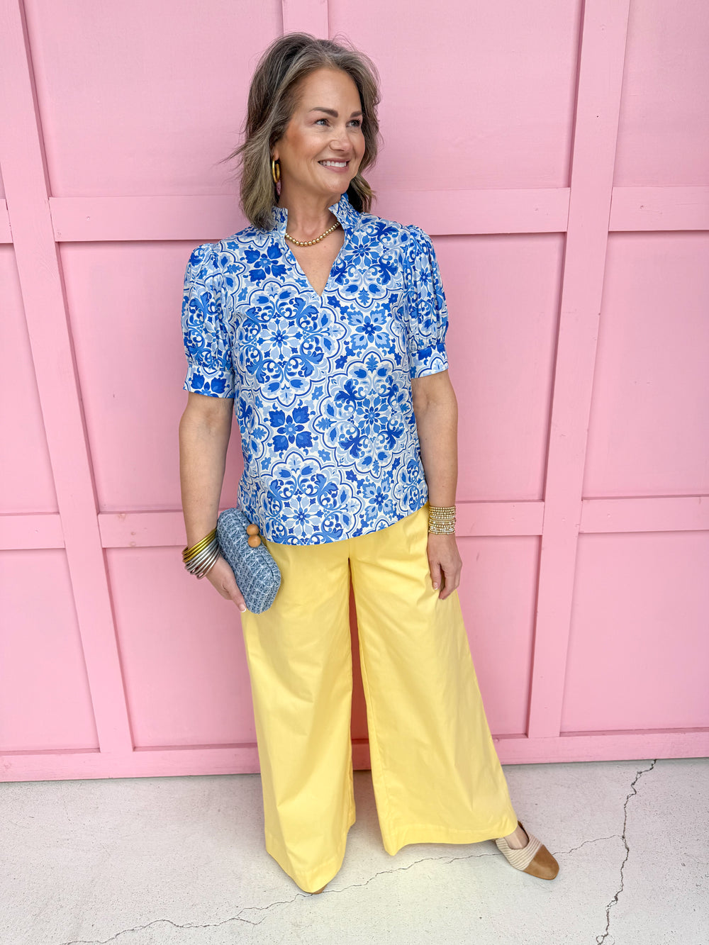 Jincy's Women's Boutique Spring Styles Blue Mosaic Print Top