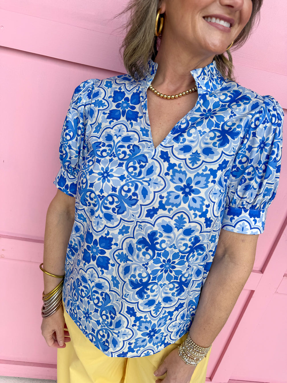 Jincy's Women's Boutique Spring Styles Blue Mosaic Print Top