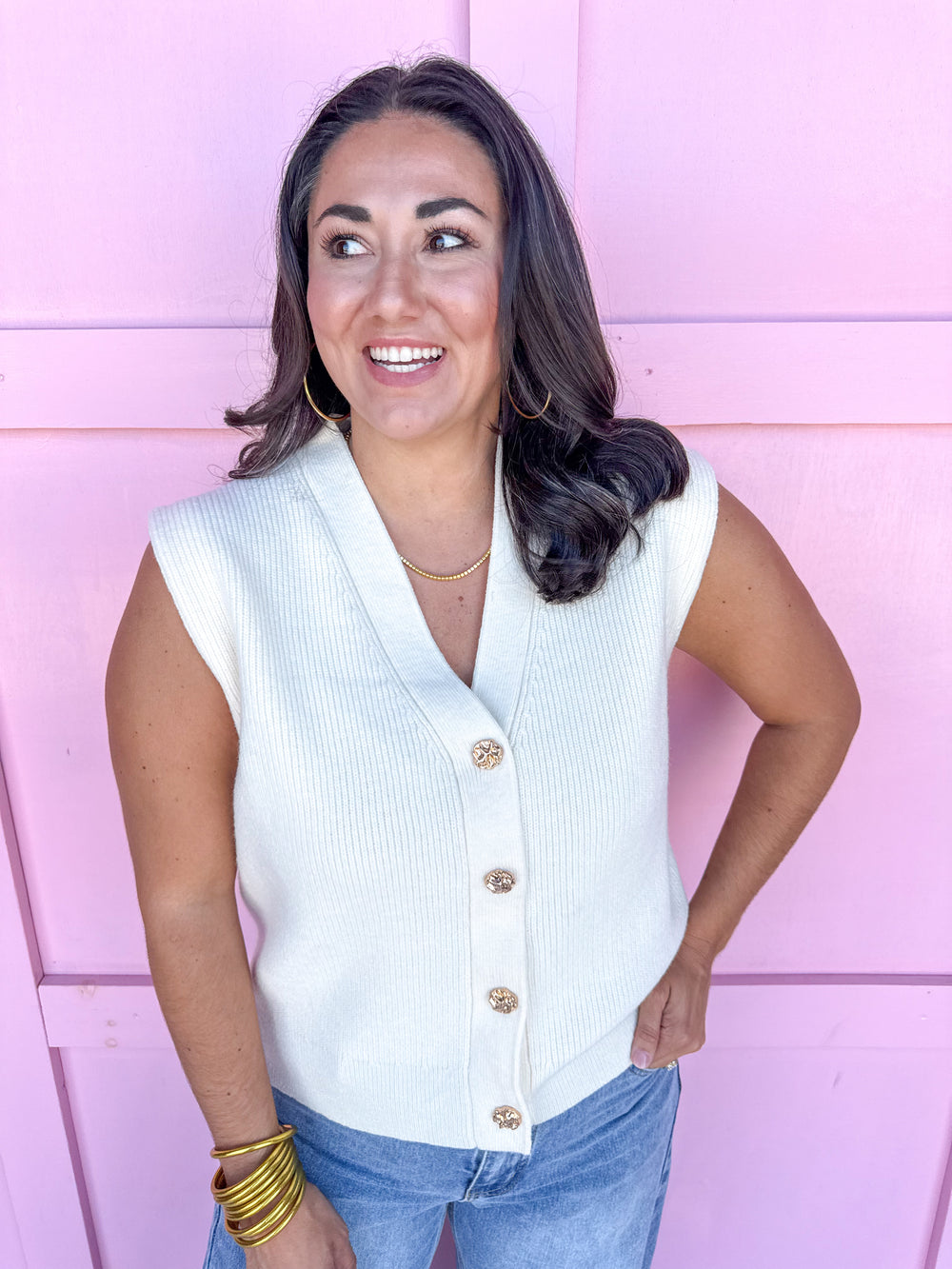 Jincy's Women's Boutique cream Sweater vest with gold buttons
