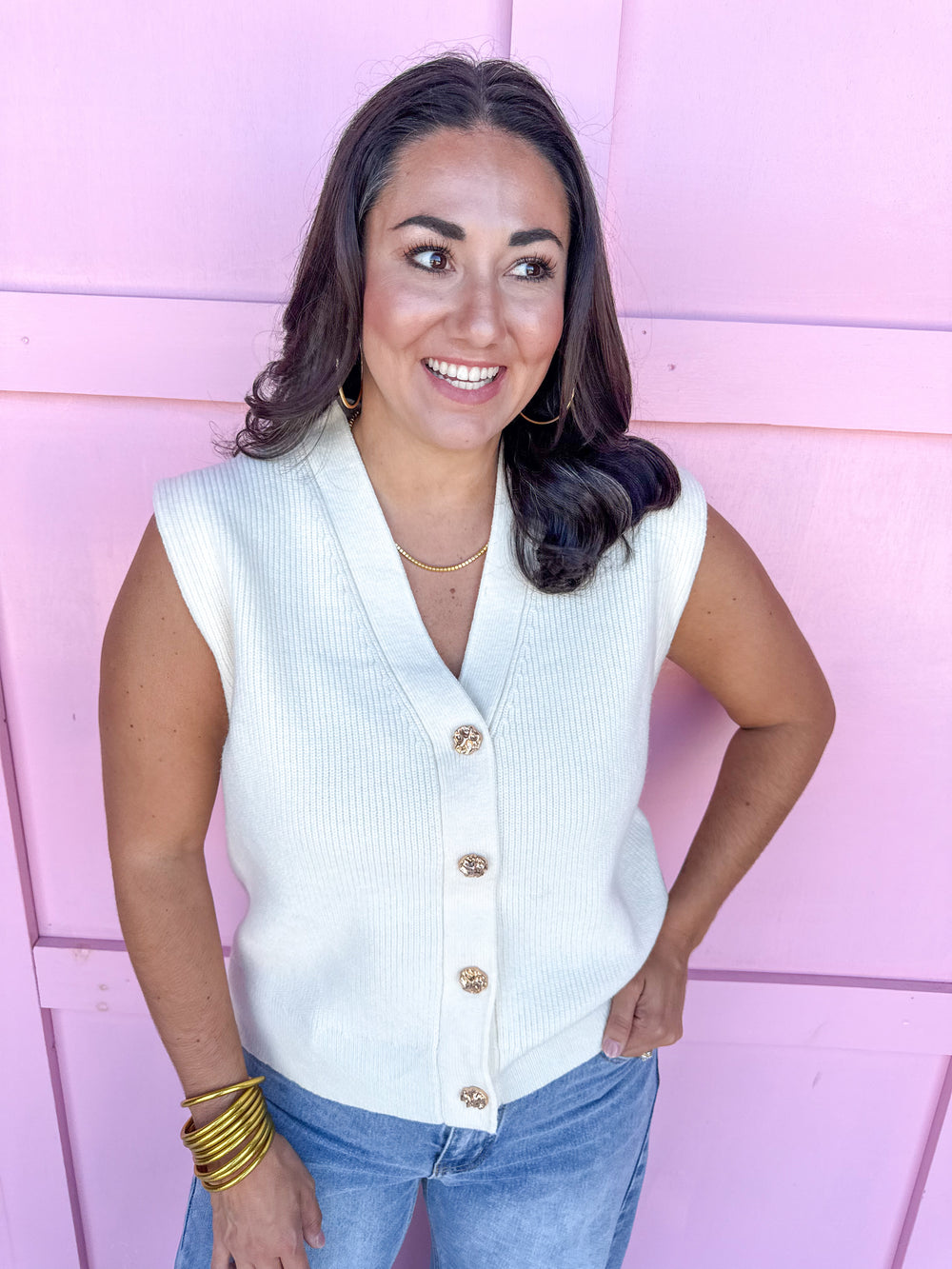 Jincy's Women's Boutique cream Sweater vest with gold buttons