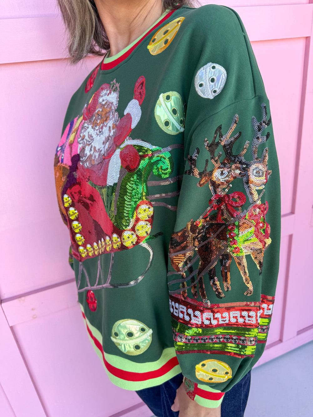 Queen Of Sparkles Vintage Jingle Bell Santa womens boutique sweatshirt jincy's Christmas