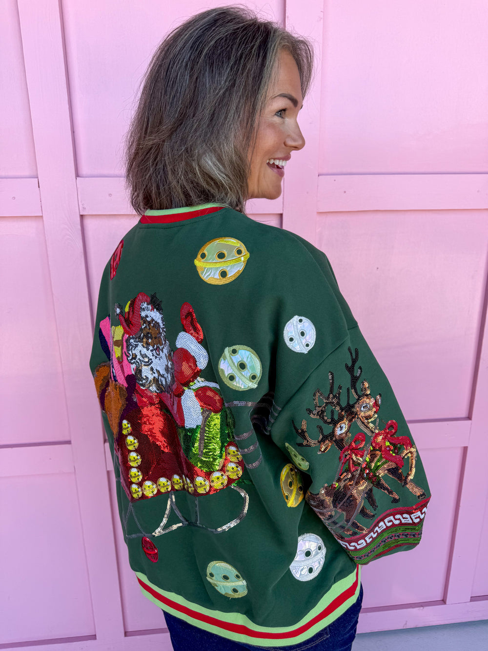 Queen Of Sparkles Vintage Jingle Bell Santa womens boutique sweatshirt jincy's Christmas