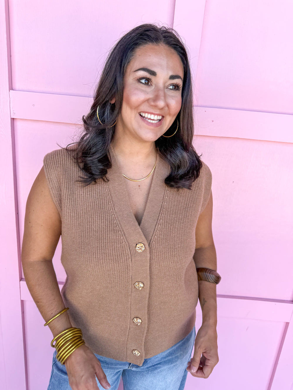 Jincy's Women's Boutique camel sweater vest with gold buttons