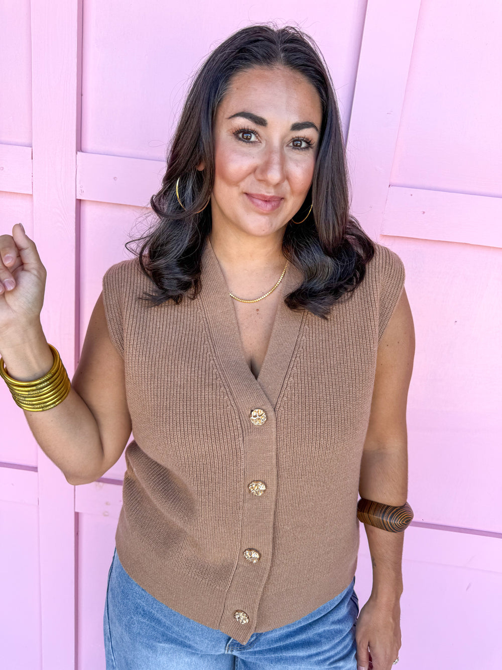 Jincy's Women's Boutique camel sweater vest with gold buttons
