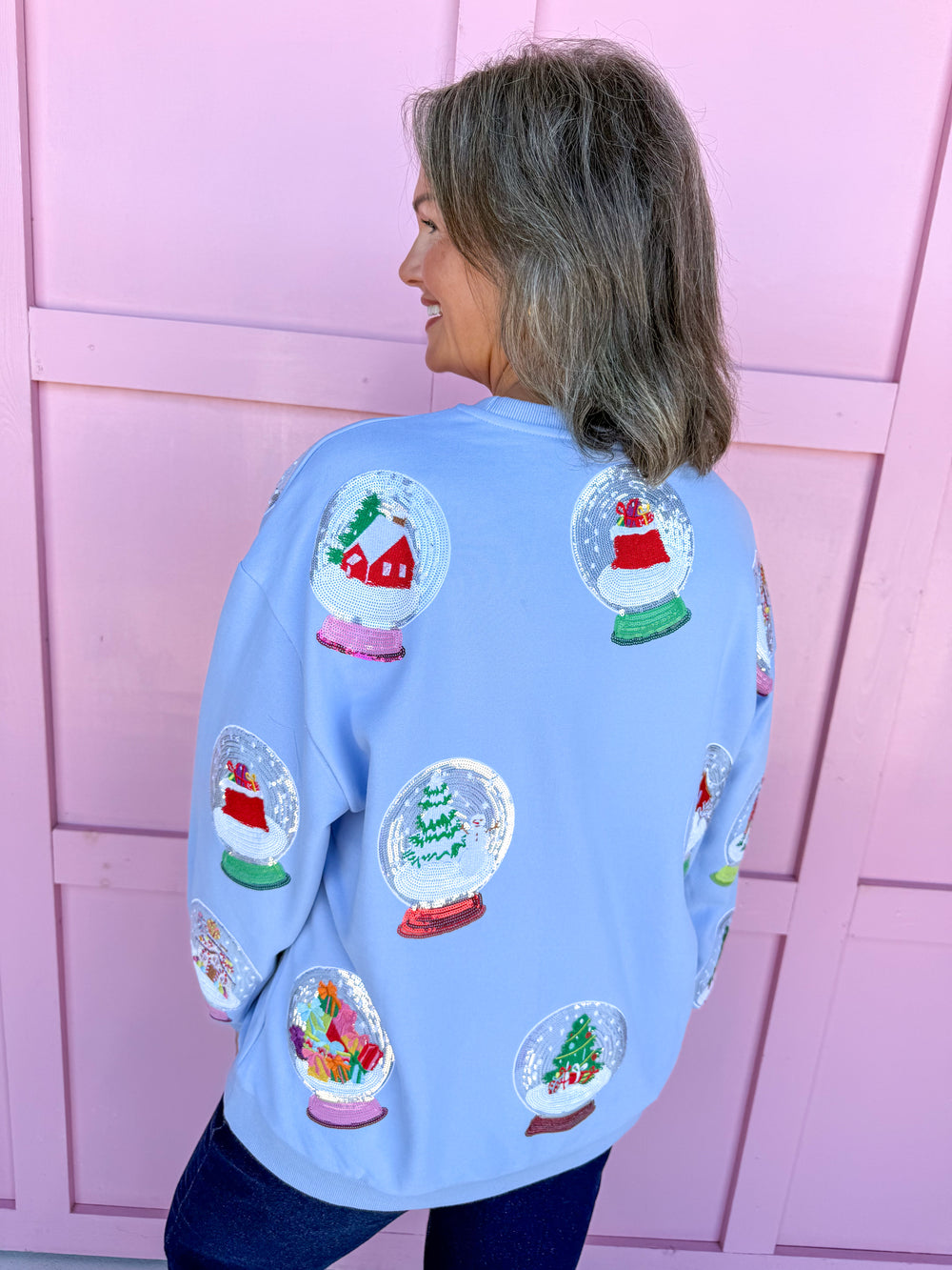 QUEEN OF SPARKLES Christmas Snow Globe Sweatshirt womens boutique statement jincy's 