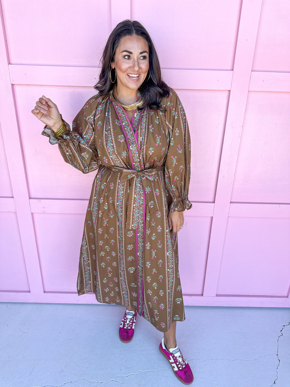 womens boutique dress midi length fall colors floral pattern button front side slits jincy's