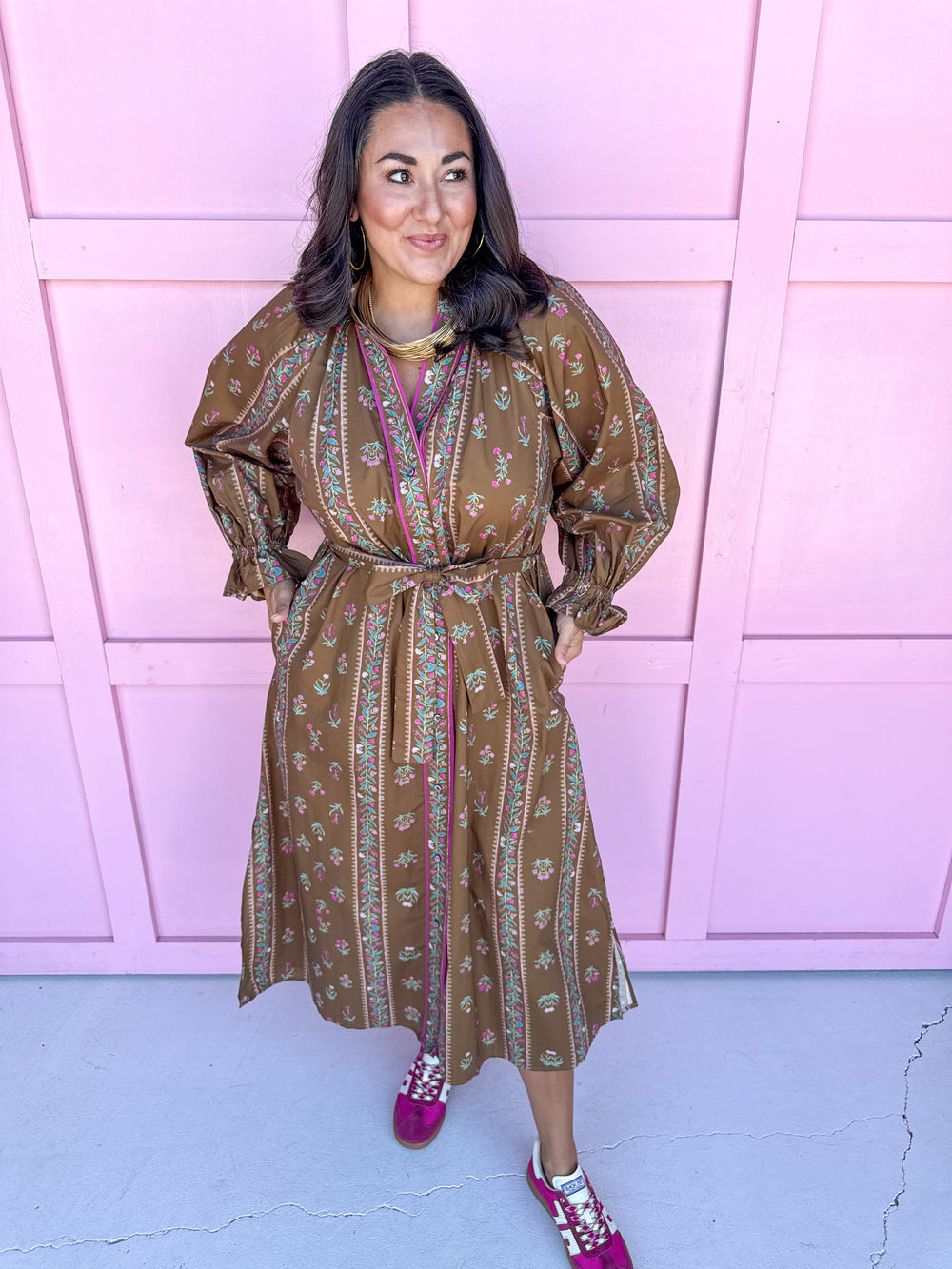 womens boutique dress midi length fall colors floral pattern button front side slits jincy's