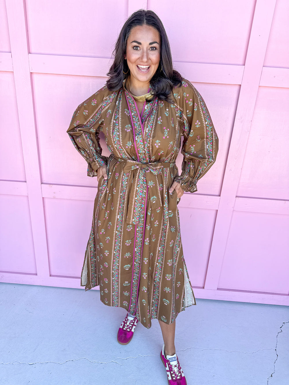 womens boutique dress midi length fall colors floral pattern button front side slits jincy's