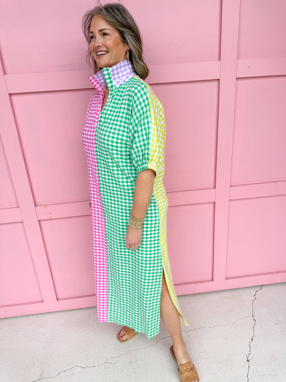 Jincy's Women's Boutique Adrienne Blakelyn Multi Seer Gingham Color Block Maxi Midi Dress Plus Size 