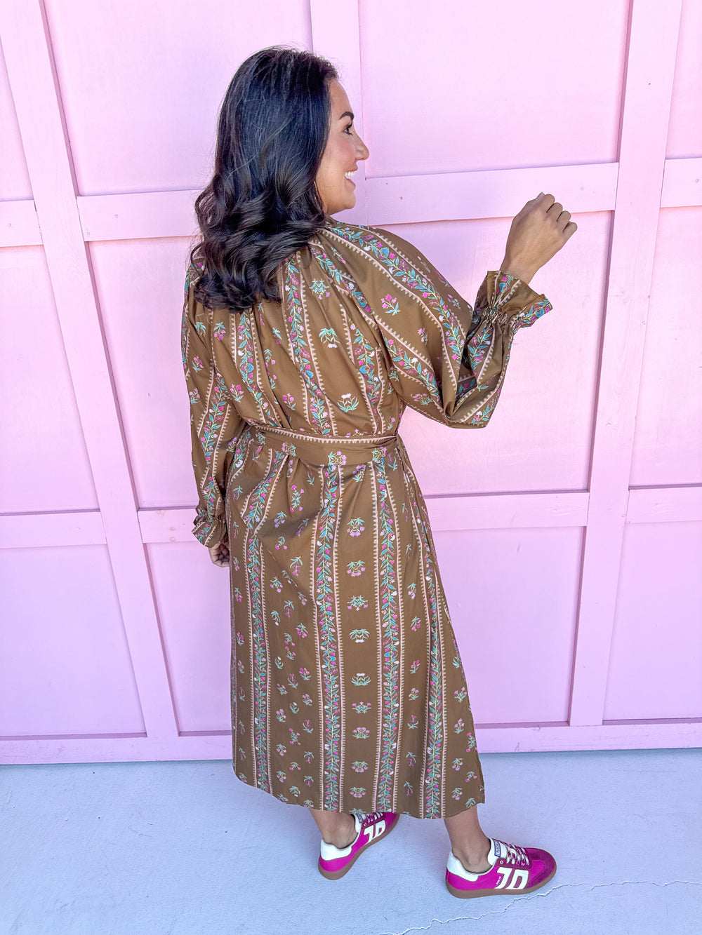 womens boutique dress midi length fall colors floral pattern button front side slits jincy's