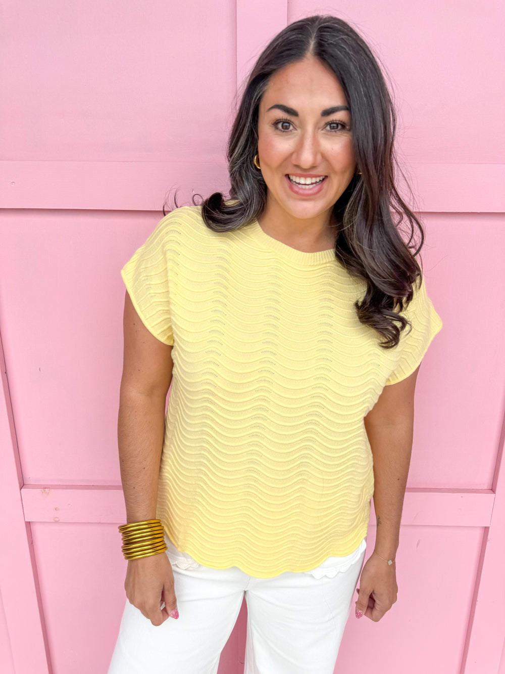 Jincy's Women's Boutique Spring Styles Yellow Knit Wavy Top