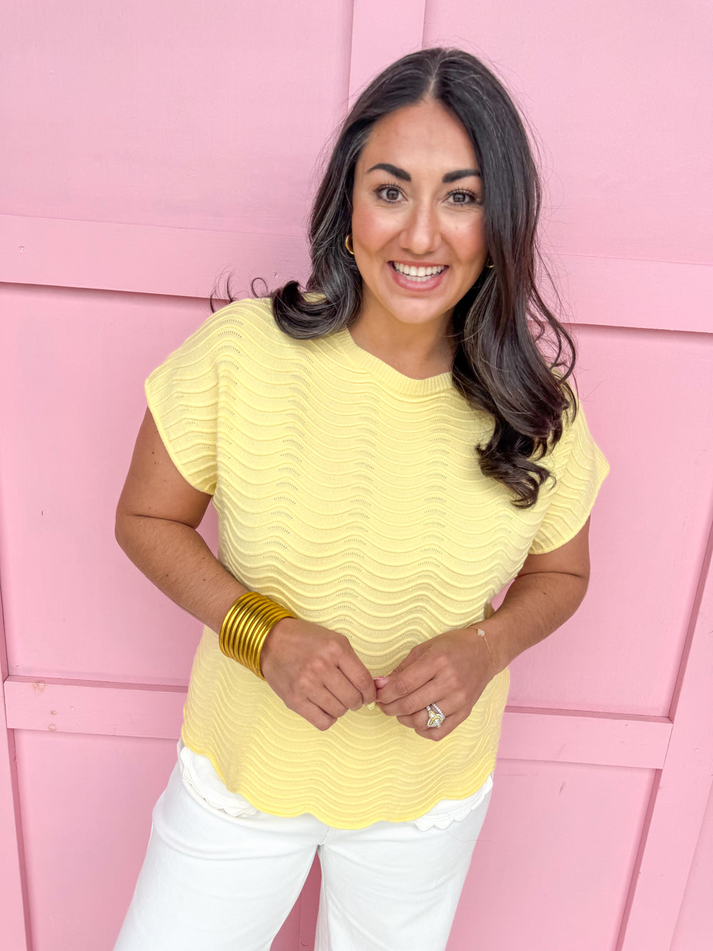 Jincy's Women's Boutique Spring Styles Yellow Knit Wavy Top