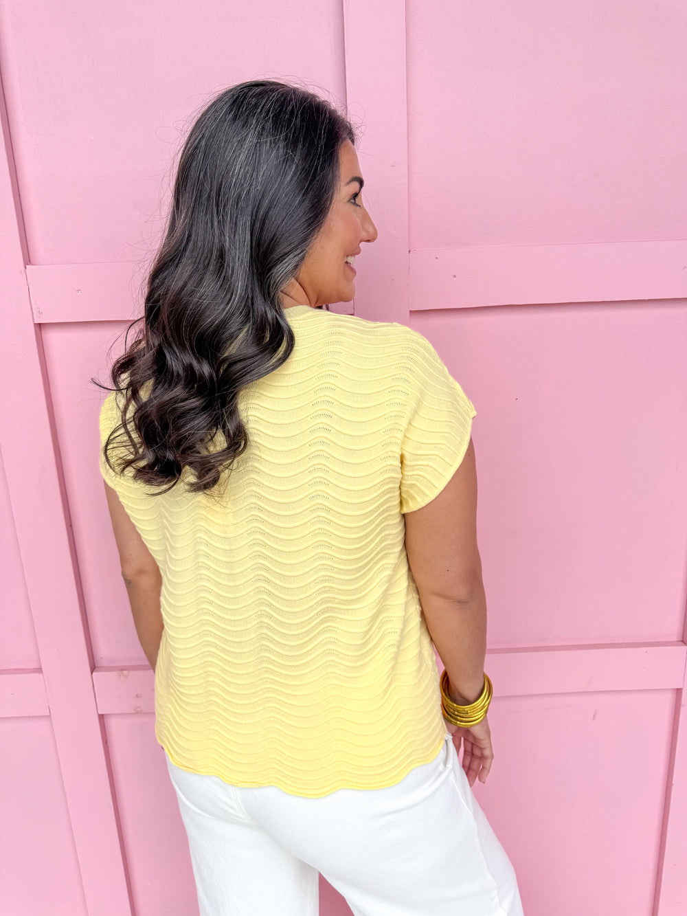Jincy's Women's Boutique Spring Styles Yellow Knit Wavy Top