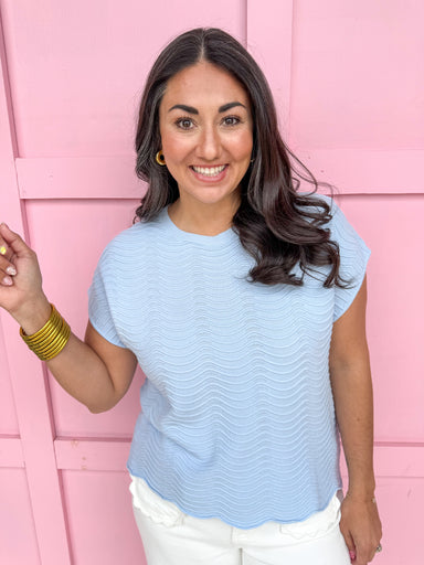 Jincy's Women's Boutique Spring Styles Sky Blue Wavy Knit Top 