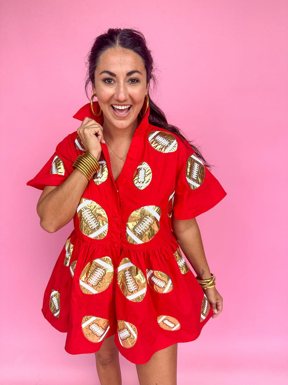 QUEEN OF SPARKLES | Red & Gold Football Romper