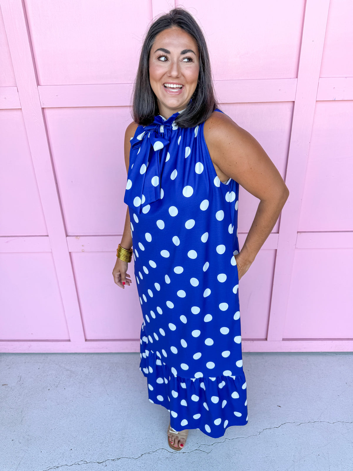 Jincy's Womens Boutique Polka Dot Midi Maxi Dress Ruffle & Tie Neckline