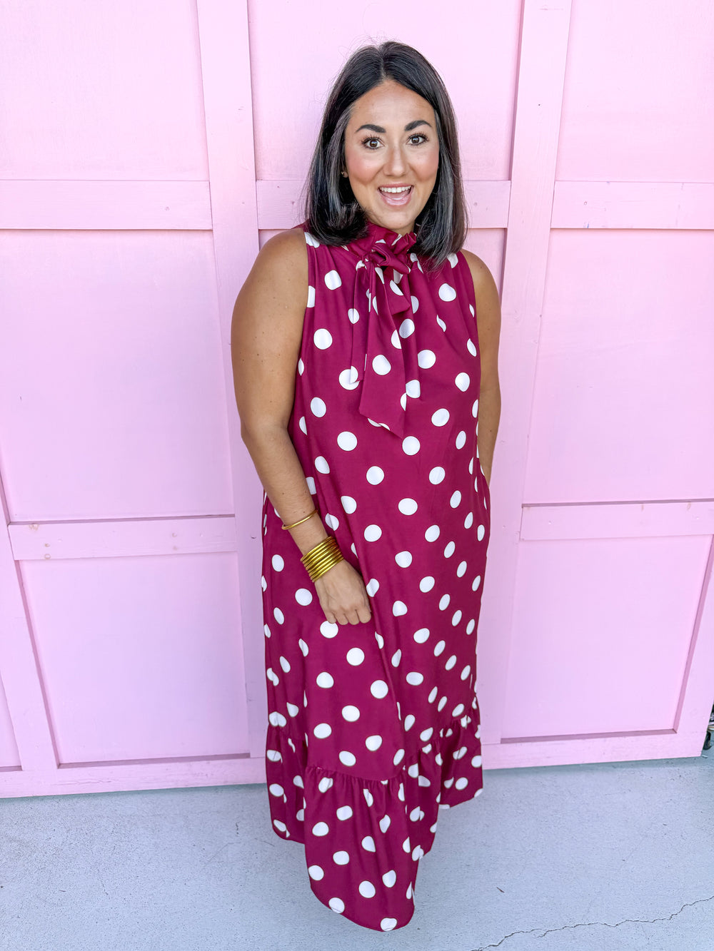 Jincy's Womens Boutique Polka Dot Midi Maxi Dress Ruffle & Tie Neckline
