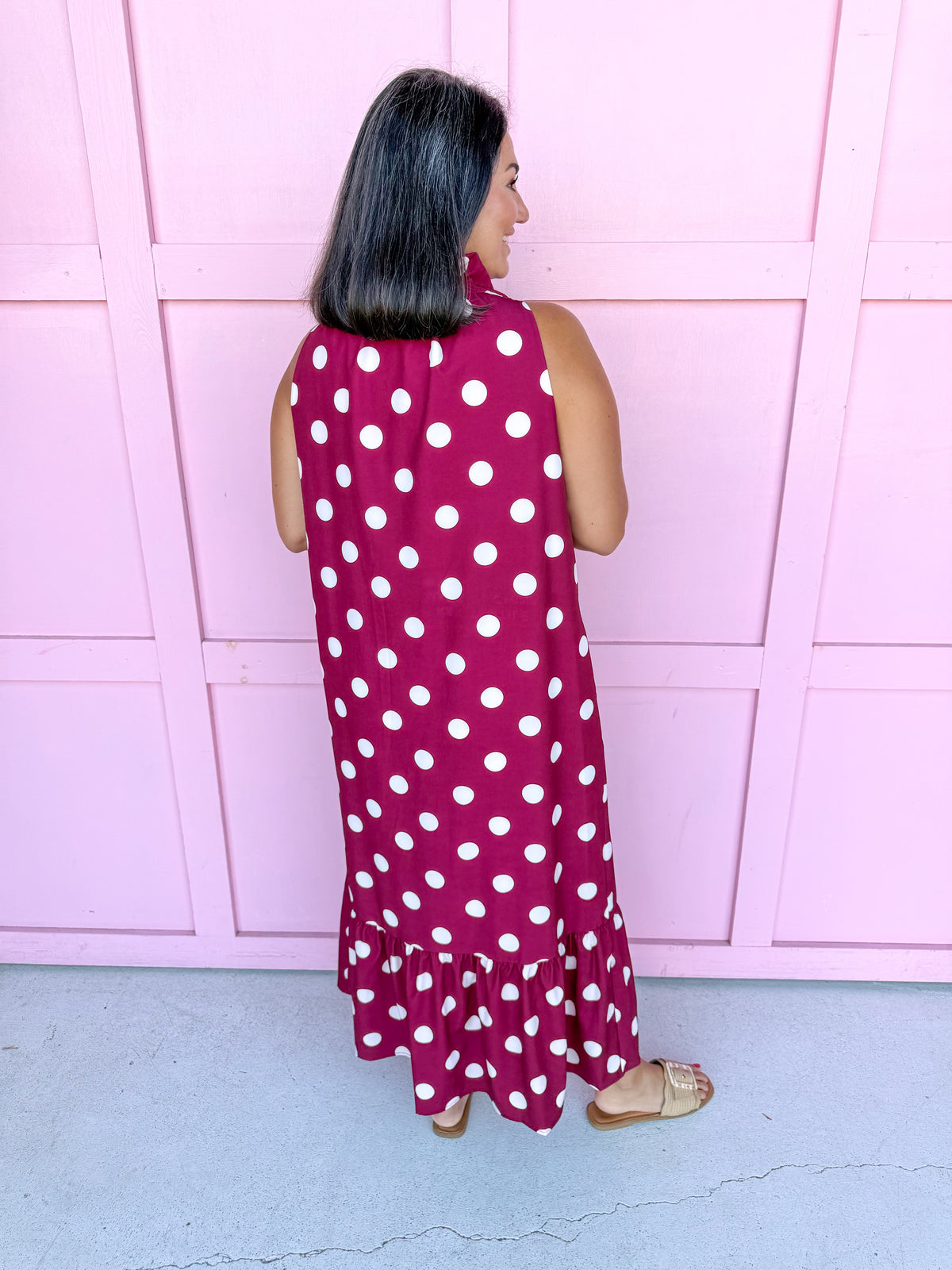 Jincy's Womens Boutique Polka Dot Midi Maxi Dress Ruffle & Tie Neckline