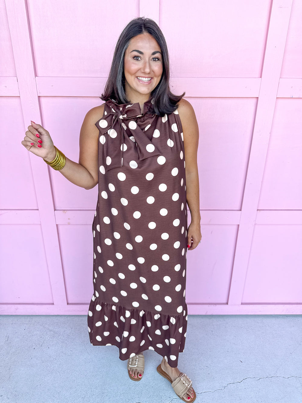 Jincy's Womens Boutique Polka Dot Midi Maxi Dress Ruffle & Tie Neckline